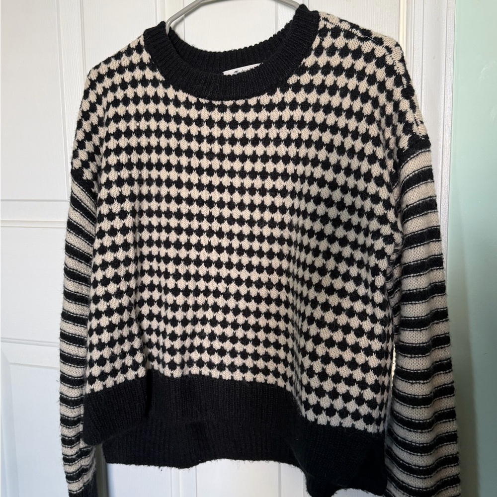 Madewell Black and Cream Patterned Crewneck Sweater